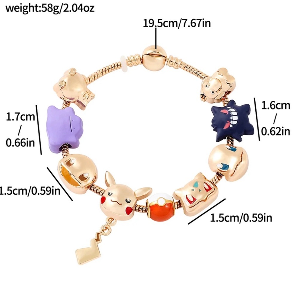 Gold Plated Pokemon Themed Charm Bracelet Adjustable Sizing Design - Picture 8 of 8